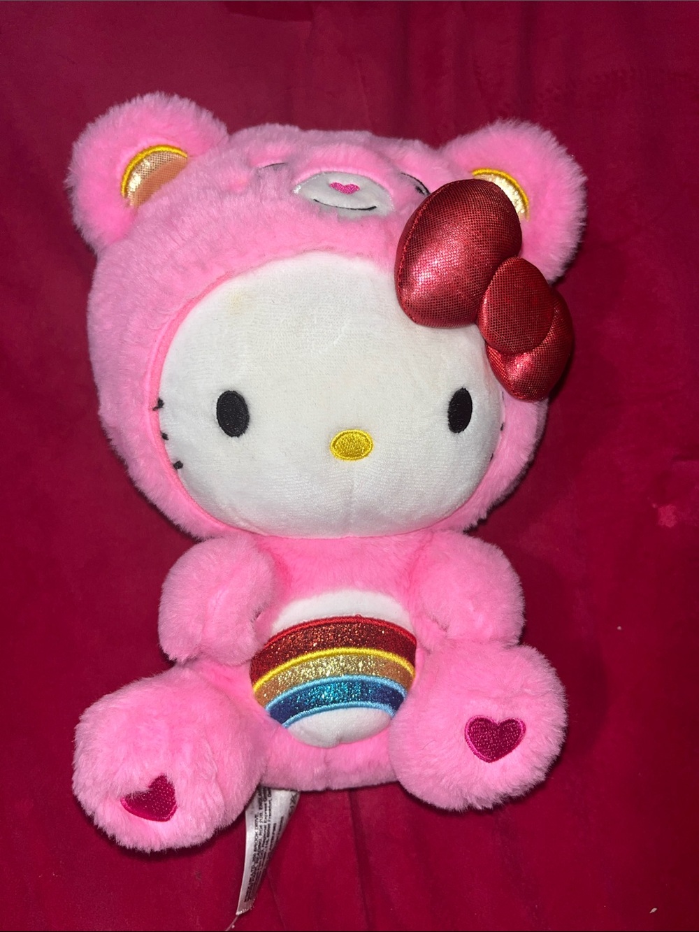 Sanrio Hello Kitty Pink Bear Plush with Red Bow and Rainbow